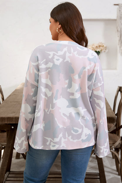 Plus Size Pink Green Camo Drop Shoulder Loose Pullover Top