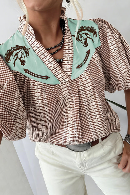 Western Embroidered Gingham Blouse Women Puff Sleeve