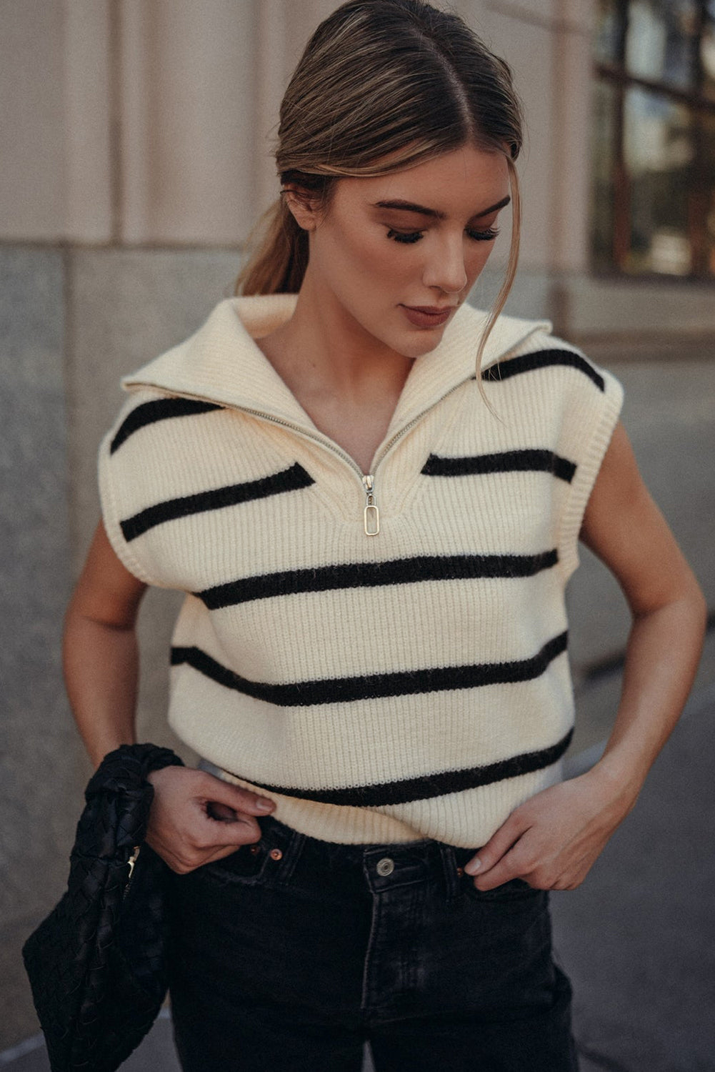 White Stripe Zipped Collar Cap Sleeve Knit Top