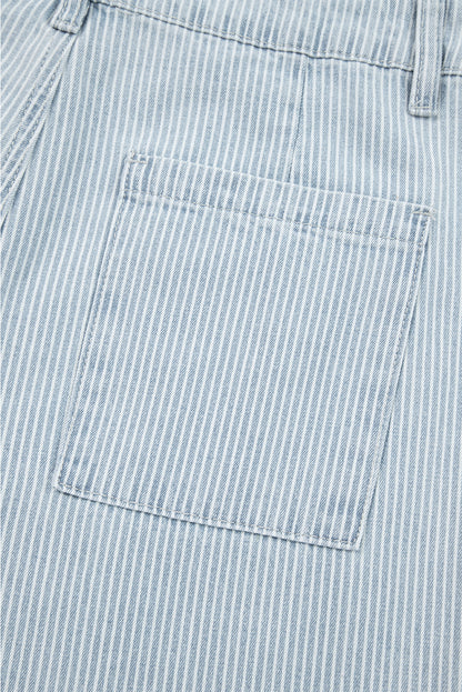 Sky Blue Pinstripe Wide Leg Jeans with Button Flap Pockets