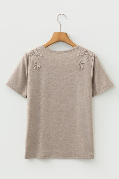 Smoke Gray Lace Patch Round Neck Short Sleeve Tee