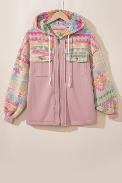 Light Pink Aztec Patch Drawstring Hooded Zip Up Jacket