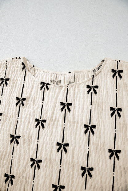 Women’s Beige Bow Print Puff Sleeve Casual Top