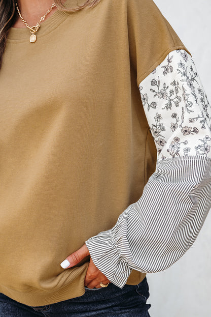 Camel Patchwork Floral Striped Ruffle Sleeve Sweatshirt