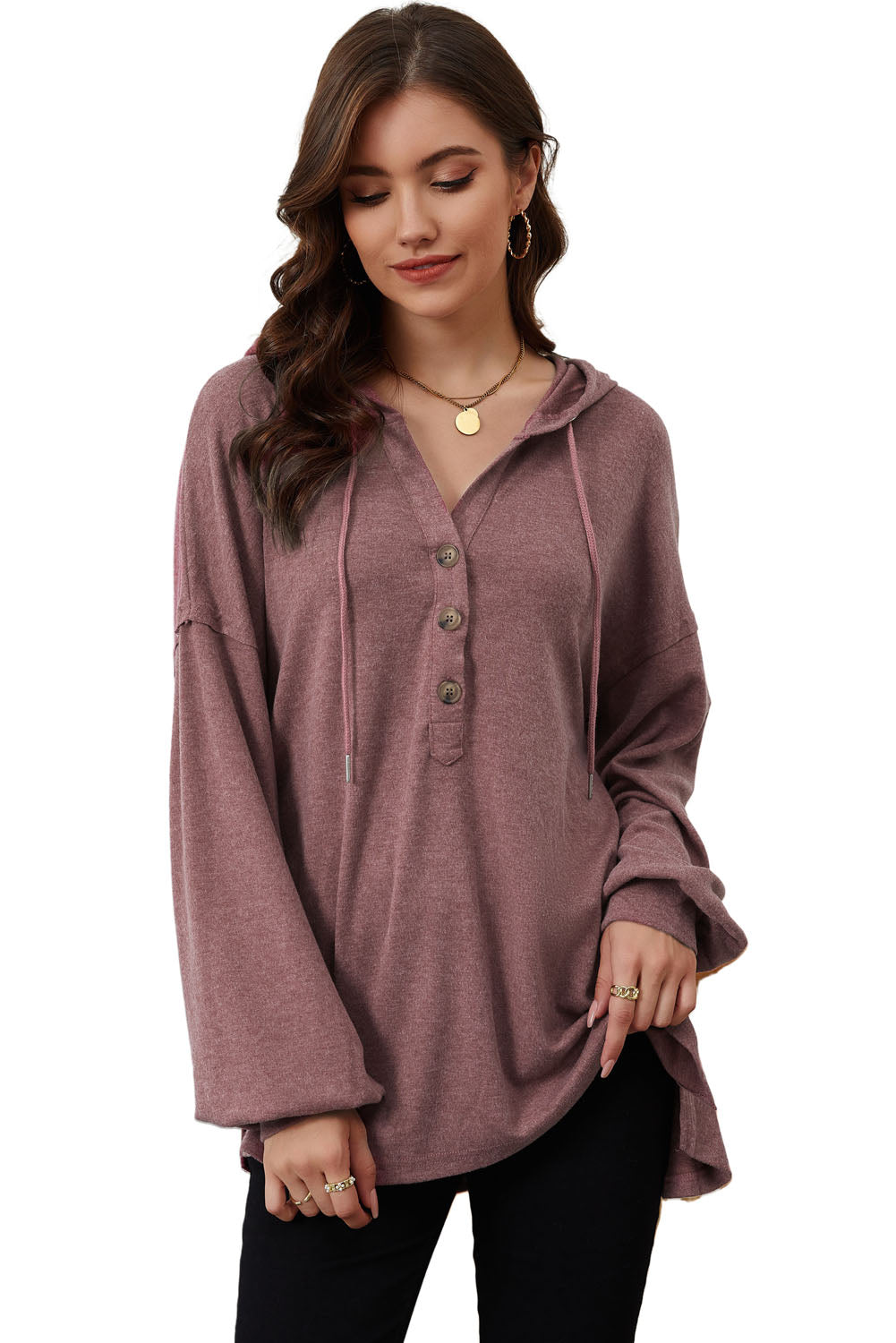 Buttoned High and Low Hem Hoodie