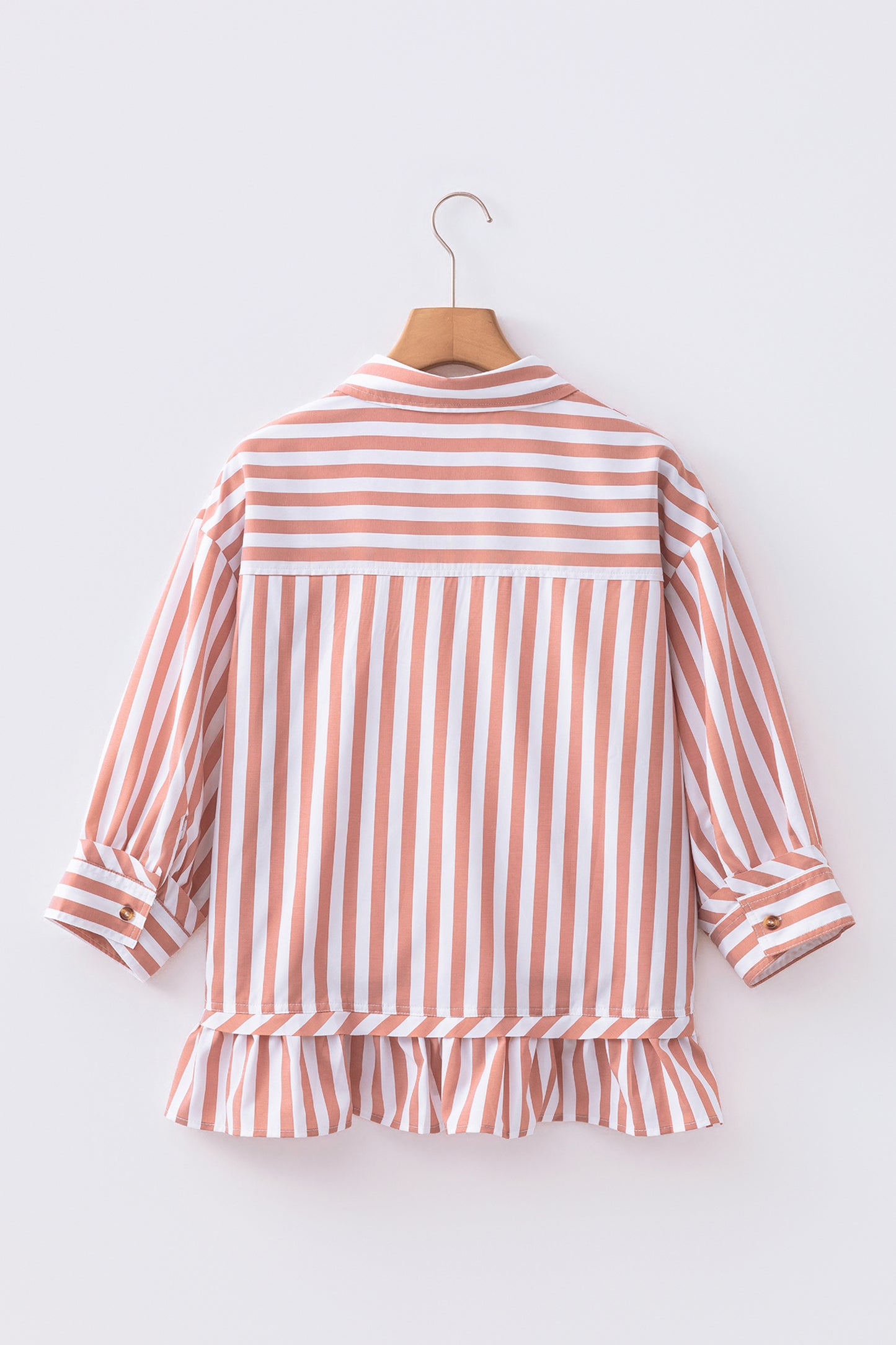 Khaki Stripe Button Front Shirt Ruffle Hem Peplum Top