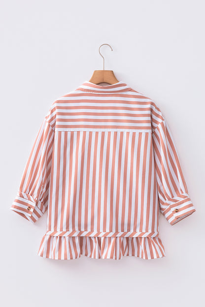 Khaki Stripe Button Front Shirt Ruffle Hem Peplum Top