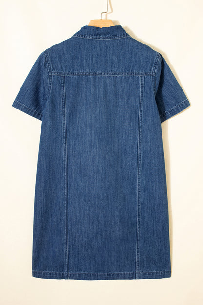 Blue Zip Front Collared Pocket Shift Denim Mini Dress