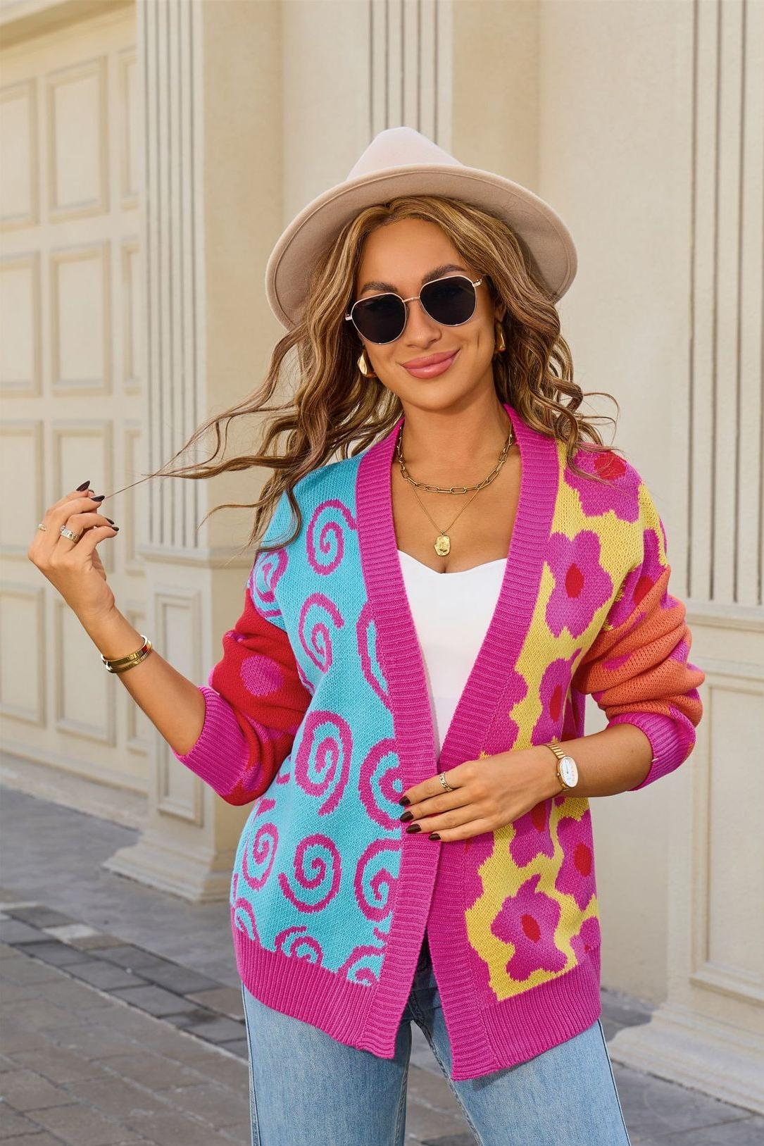 Colorful Floral Knit Cardigan – Open Front Fall Sweater