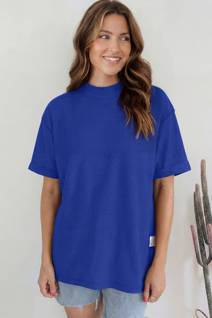 Dark Blue Oversized Mock Neck Tee Casual Relaxed Top