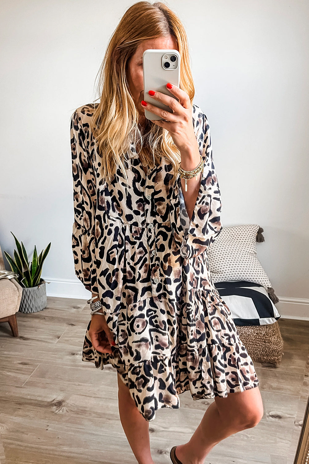 Khaki Leopard Button Front Tiered Ruffle Mini Dress