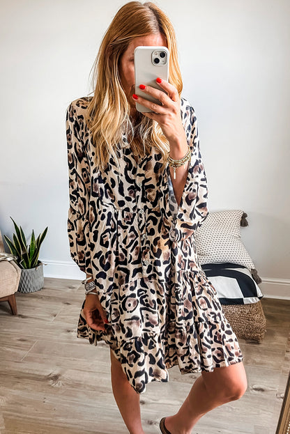 Khaki Leopard Button Front Tiered Ruffle Mini Dress