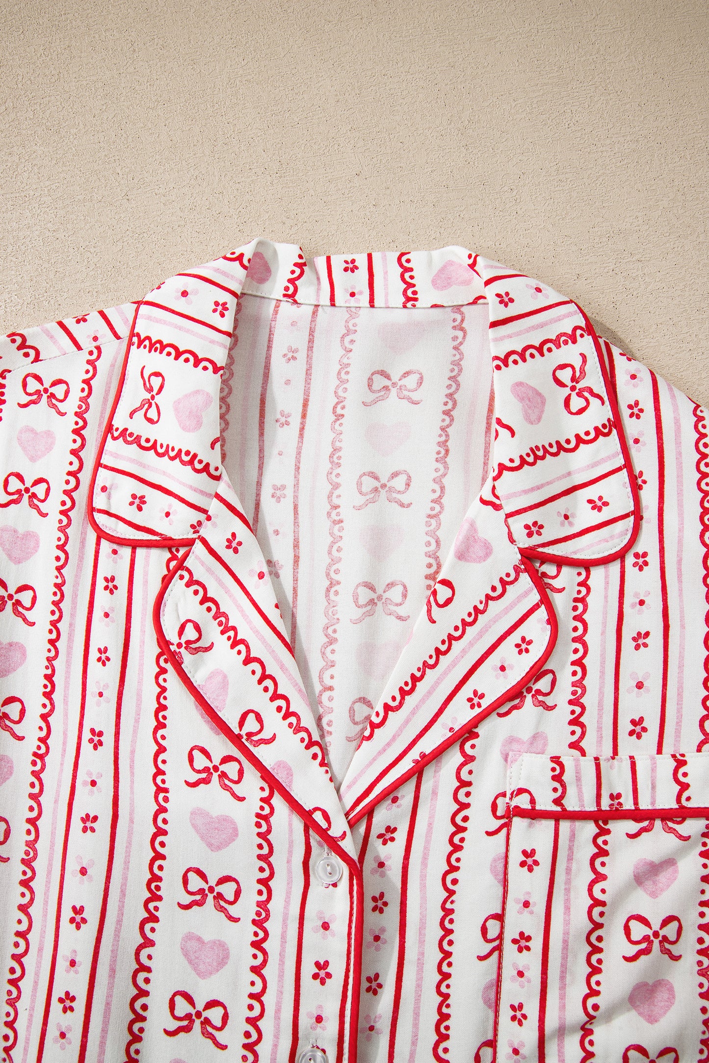 Valentines Heart Bow Print Ribbon Trim 2 Piece Pajama Set