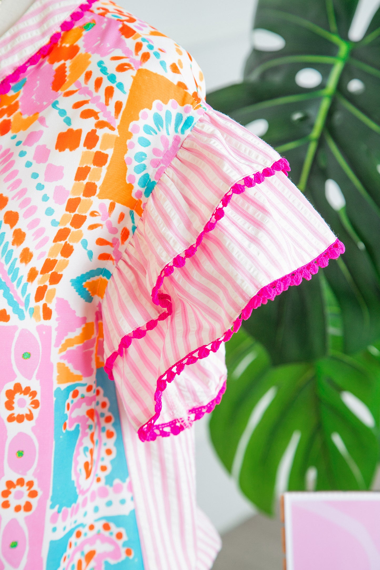 Boho Patchwork Print Flutter Sleeve V Neck Blouse