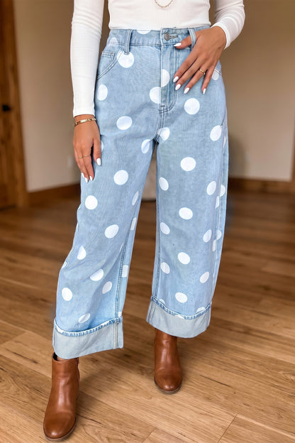 Women's Polka Dot Cuffed Wide Leg Jeans