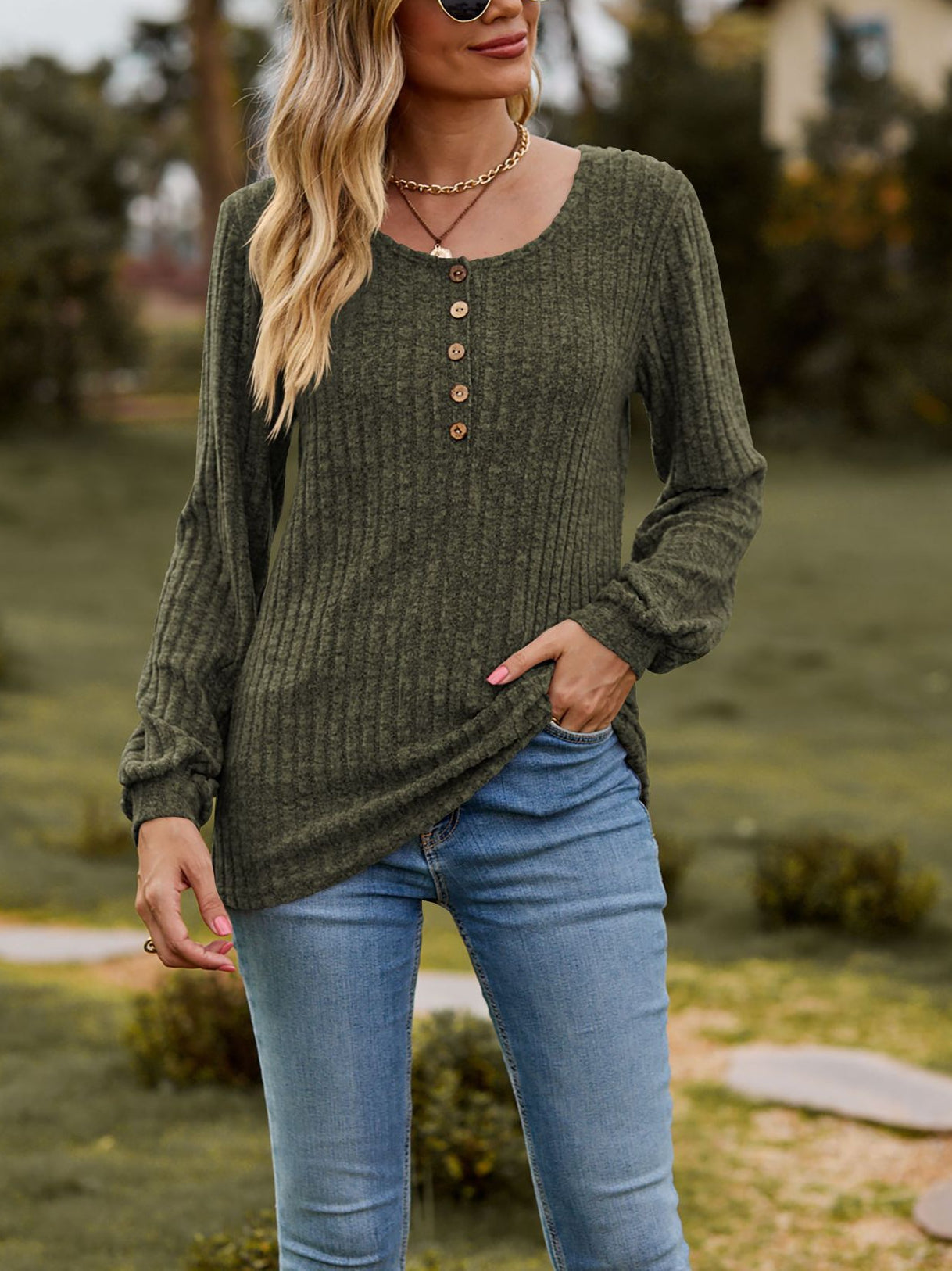 Ribbed Button Front Long Sleeve Knit Top for Women