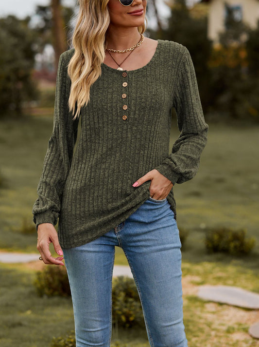 Ribbed Button Front Long Sleeve Knit Top for Women