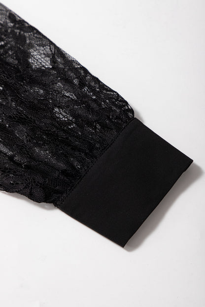 Black Lace Sleeve Keyhole Blouse Elegant Long Sleeve Top