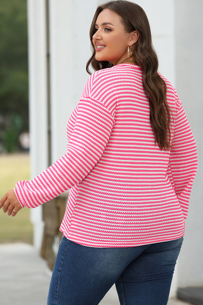 Black Stripe Round Neck Drop Shoulder Long Sleeve Top