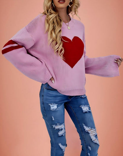 Pink Heart Contrast Knit Sweater Womens Valentine Pullover