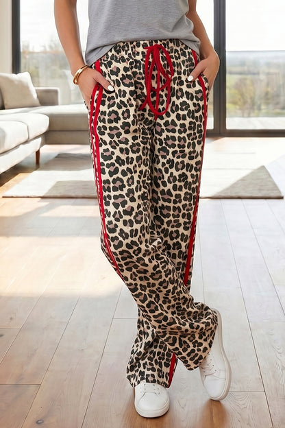 Leopard Print Tie Waist Wide Leg Lounge Pants Women