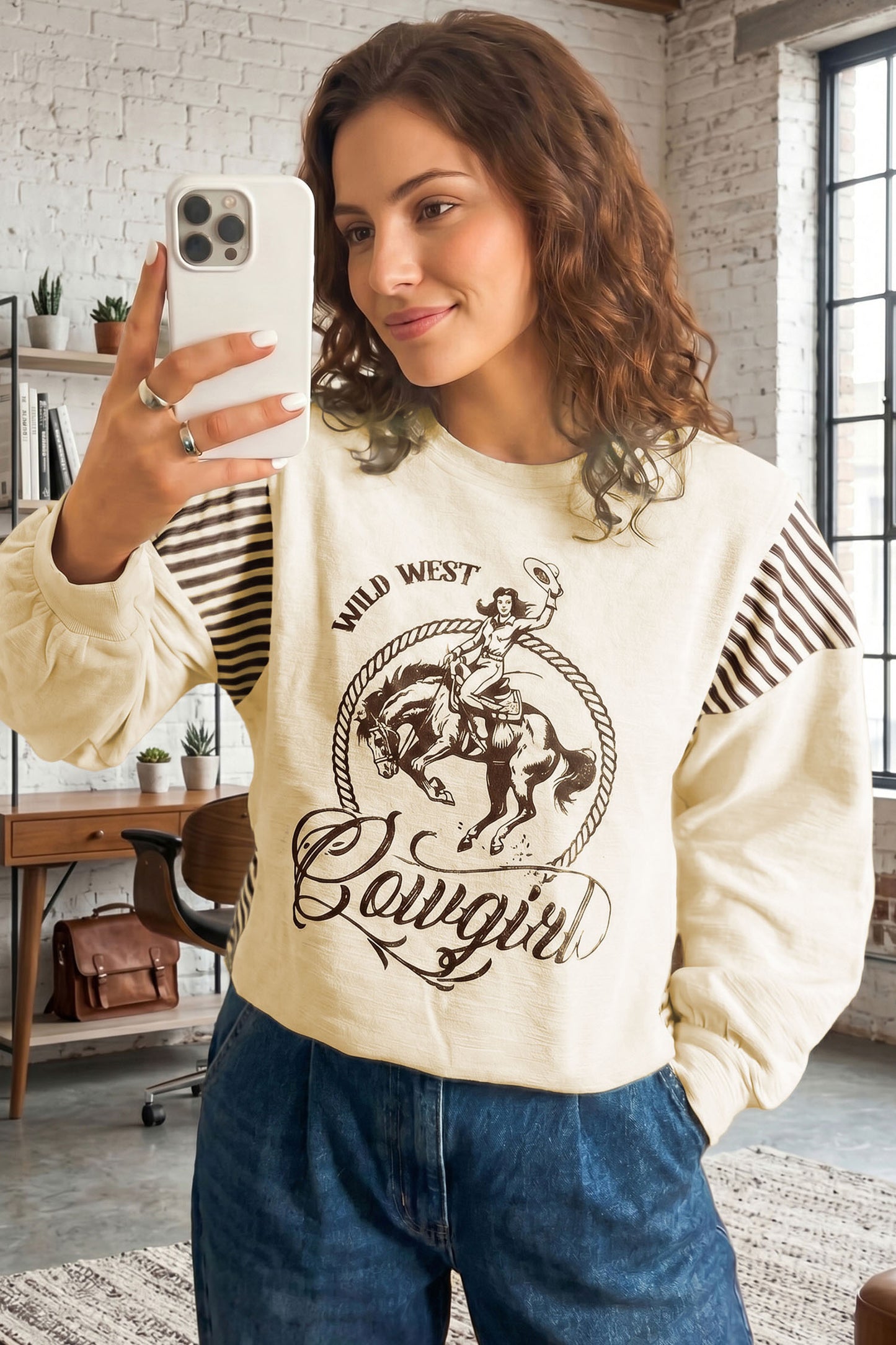 Women's Western Cowgirl Graphic Striped Sleeve Sweatshirt