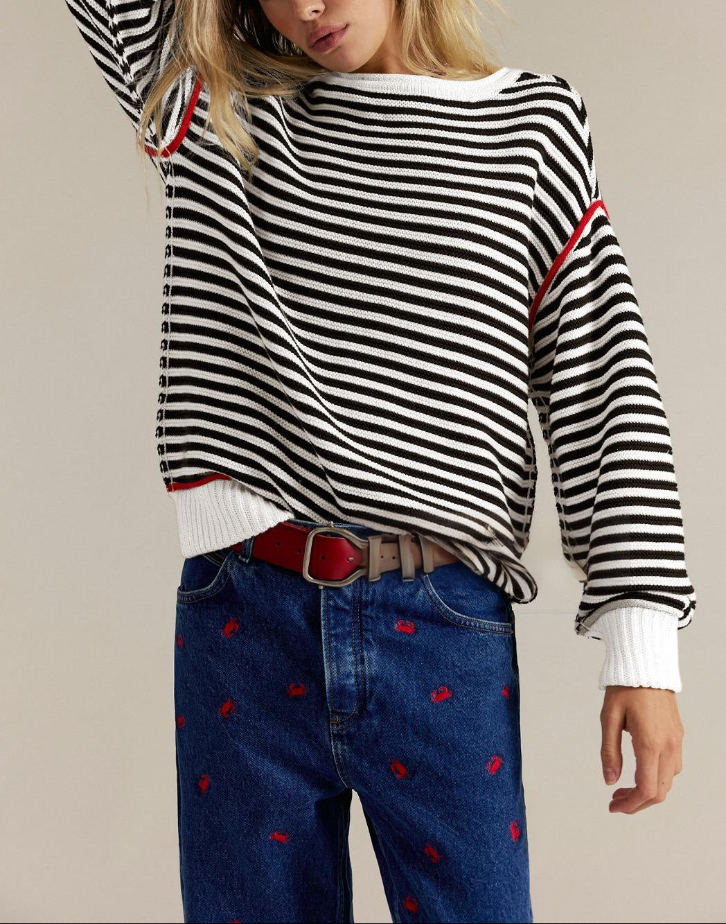 Striped Crewneck Knit Pullover Sweater – Relaxed Fit for Women