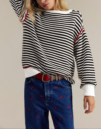 Striped Crewneck Knit Pullover Sweater – Relaxed Fit for Women