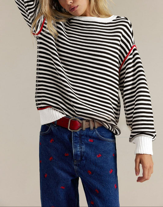 Stripe Knit Oversized Sweater Crew Neck Pullover Top
