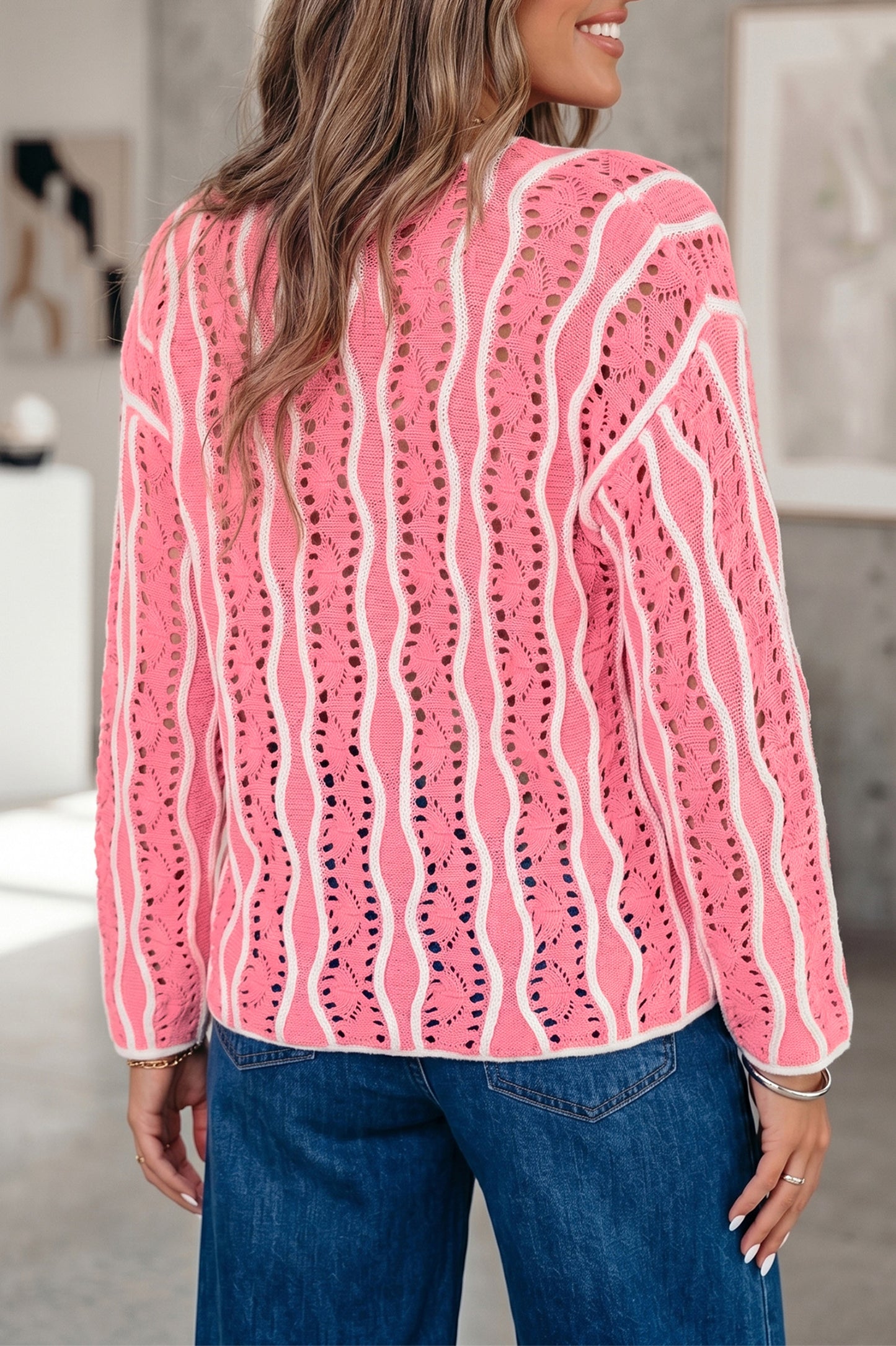 Women's Wavy Stripe Open Knit Pullover Sweater