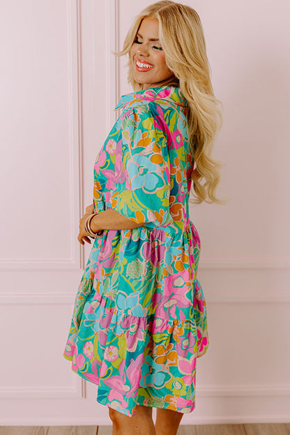 Green Plus Floral Print Puff Sleeve Tiered Shirt Dress