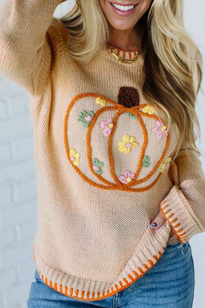 Pumpkin Knit Sweater Autumn Floral Embroidered Relaxed Fit