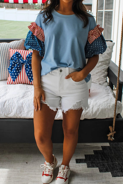 Patriotic Stars and Stripes Puff Sleeve Fourth of July Top