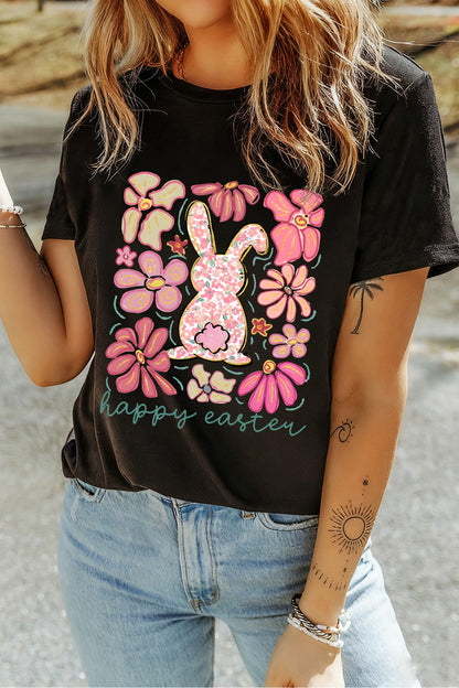 Easter Bunny Floral Graphic Black Casual Spring Tee