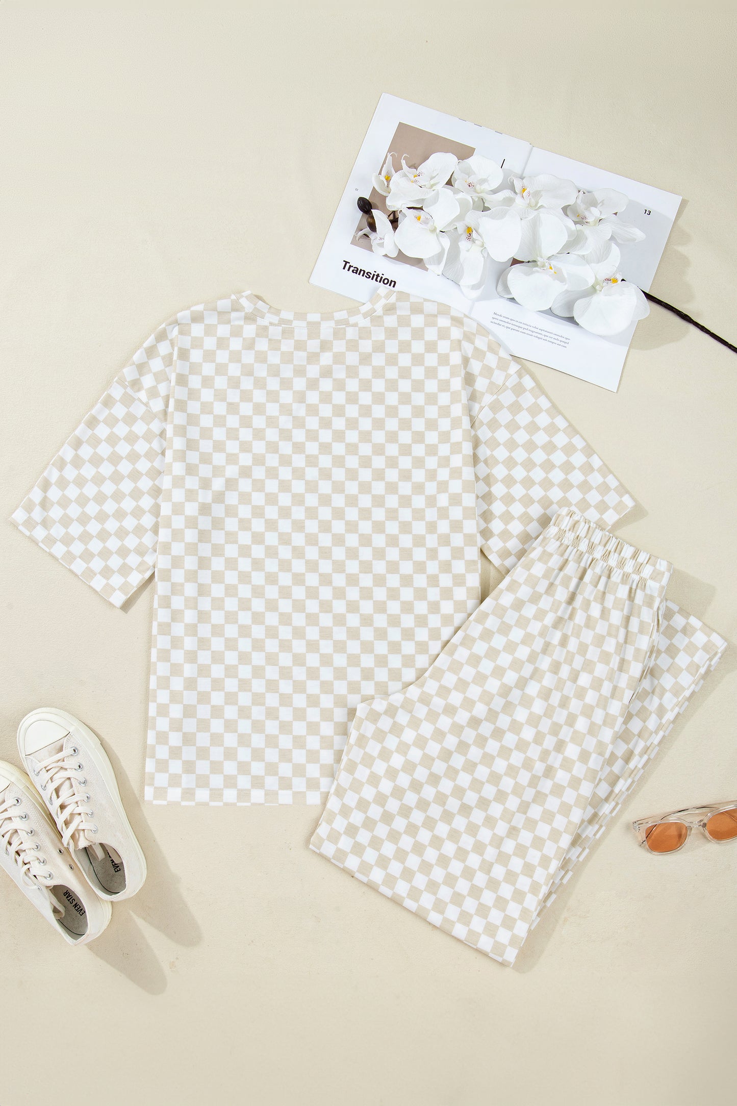 Khaki Checkered Short Sleeve Tee and Wide Leg Pant Set