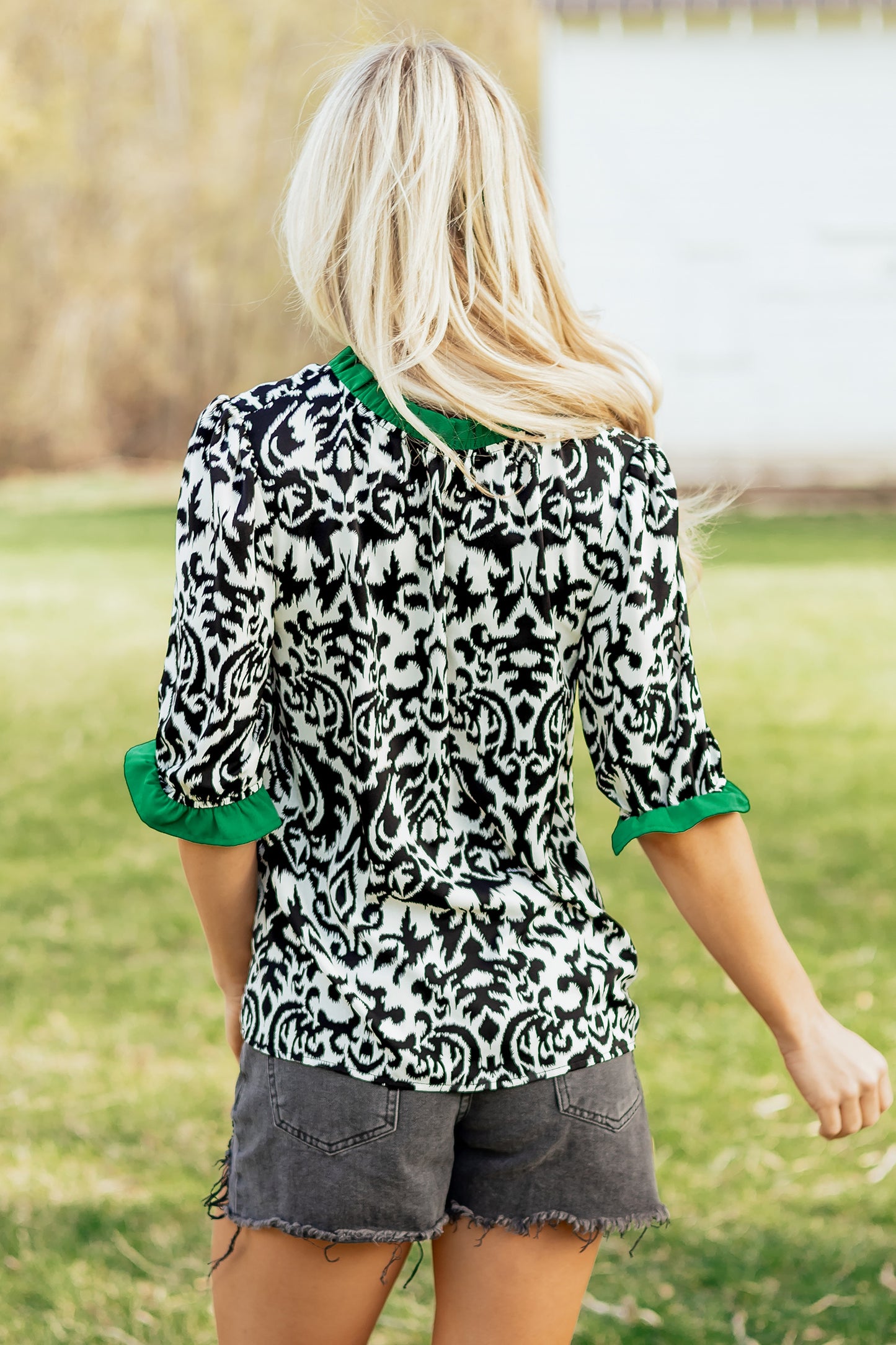 Damask Print Ruffle Trim Half Sleeve Casual Blouse