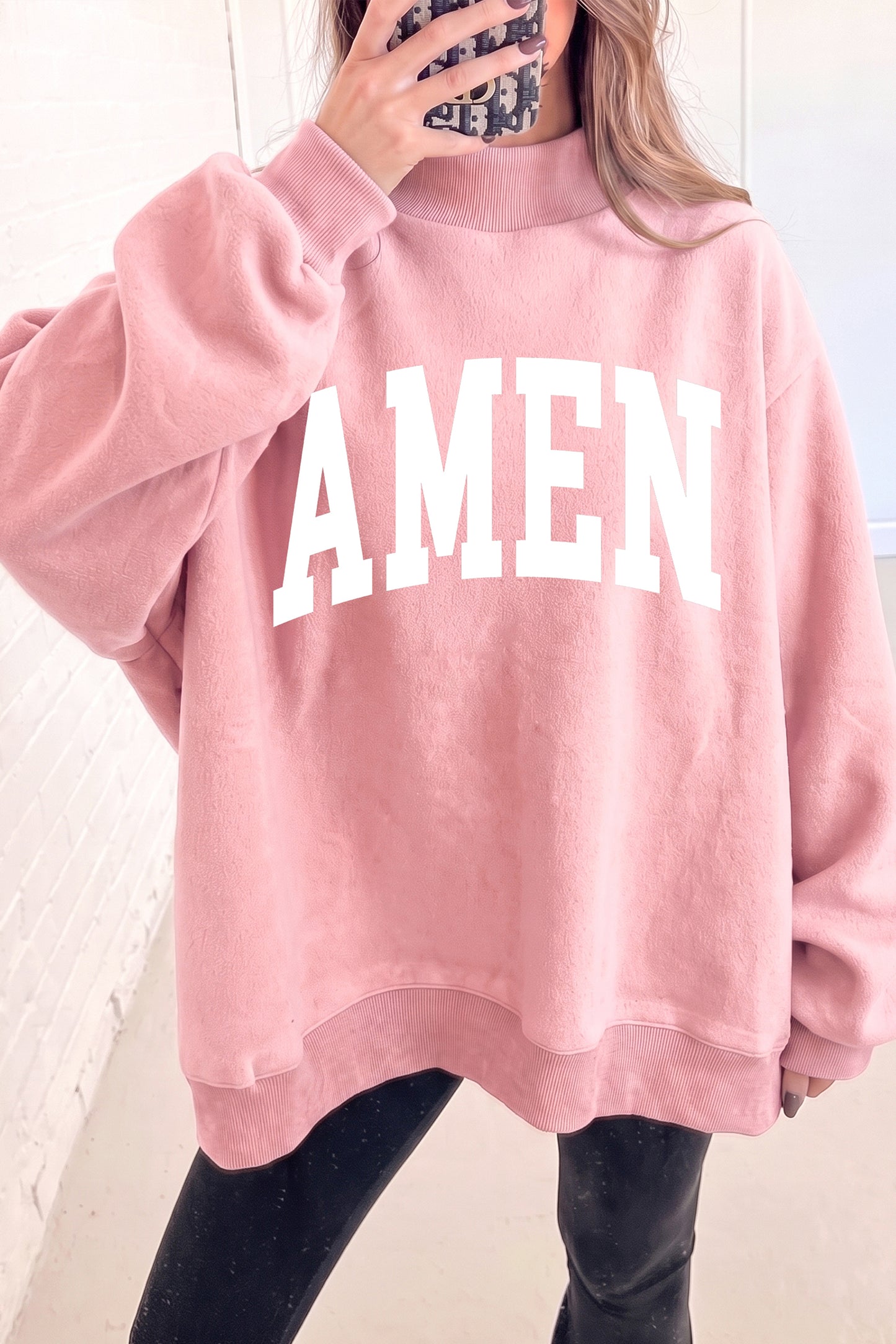 WWJD AMEN Graphic Mock Neck Oversized Sweatshirt