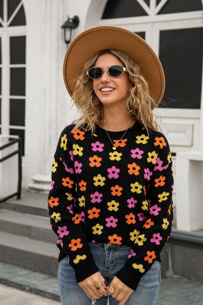 Retro Floral Print Pullover Sweater – Cozy Fall Knit