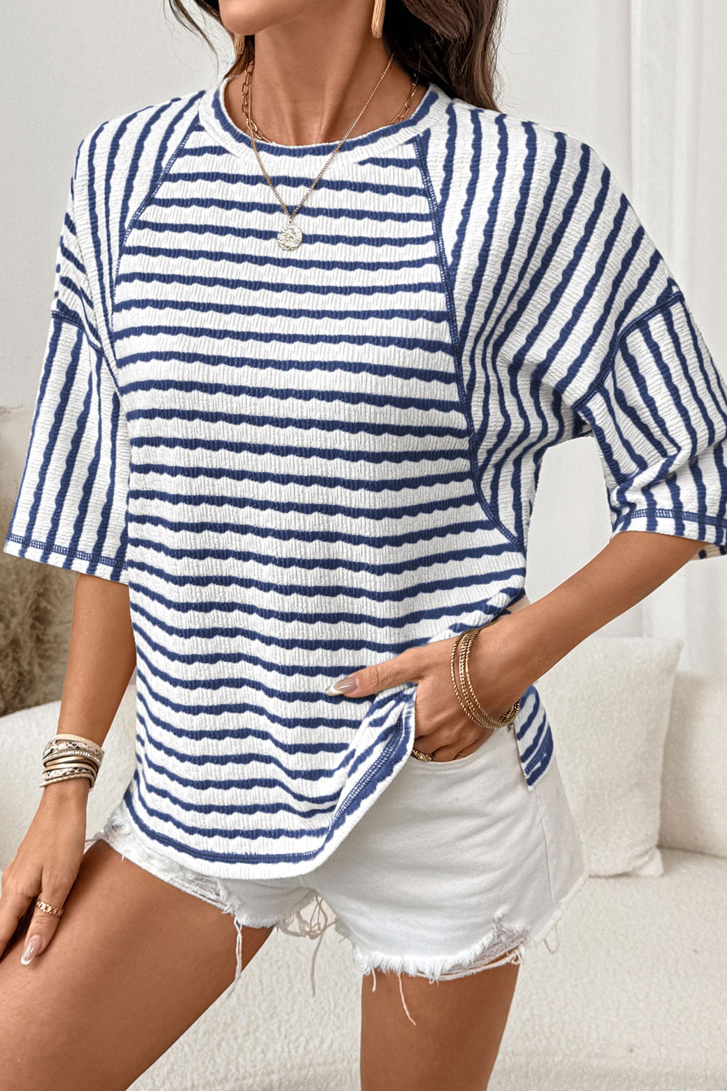 Apricot Stripe Textured Loose Fit Short Sleeve Top