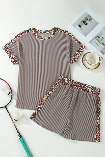 Leopard Trim Ribbed Short Sleeve Top and Shorts Set