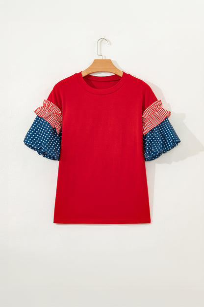 Patriotic Stars and Stripes Puff Sleeve Fourth of July Top