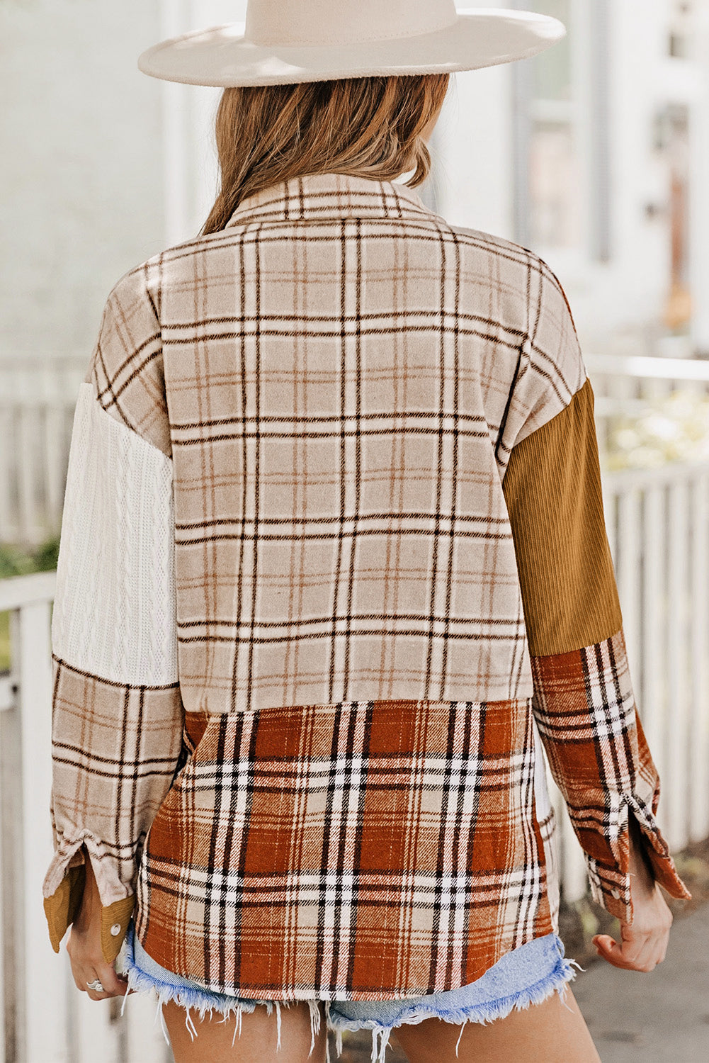 Color Block Plaid Corduroy Shacket with Pocket