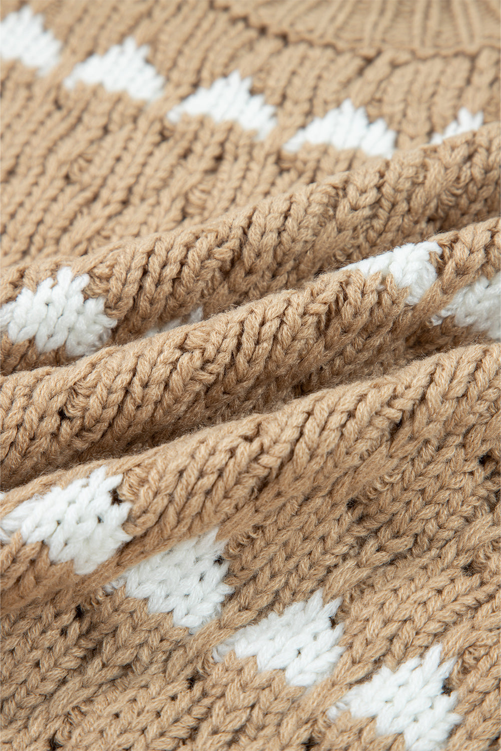 Khaki Textured Knit Sweater Puff Sleeve Loose Fit Pullover