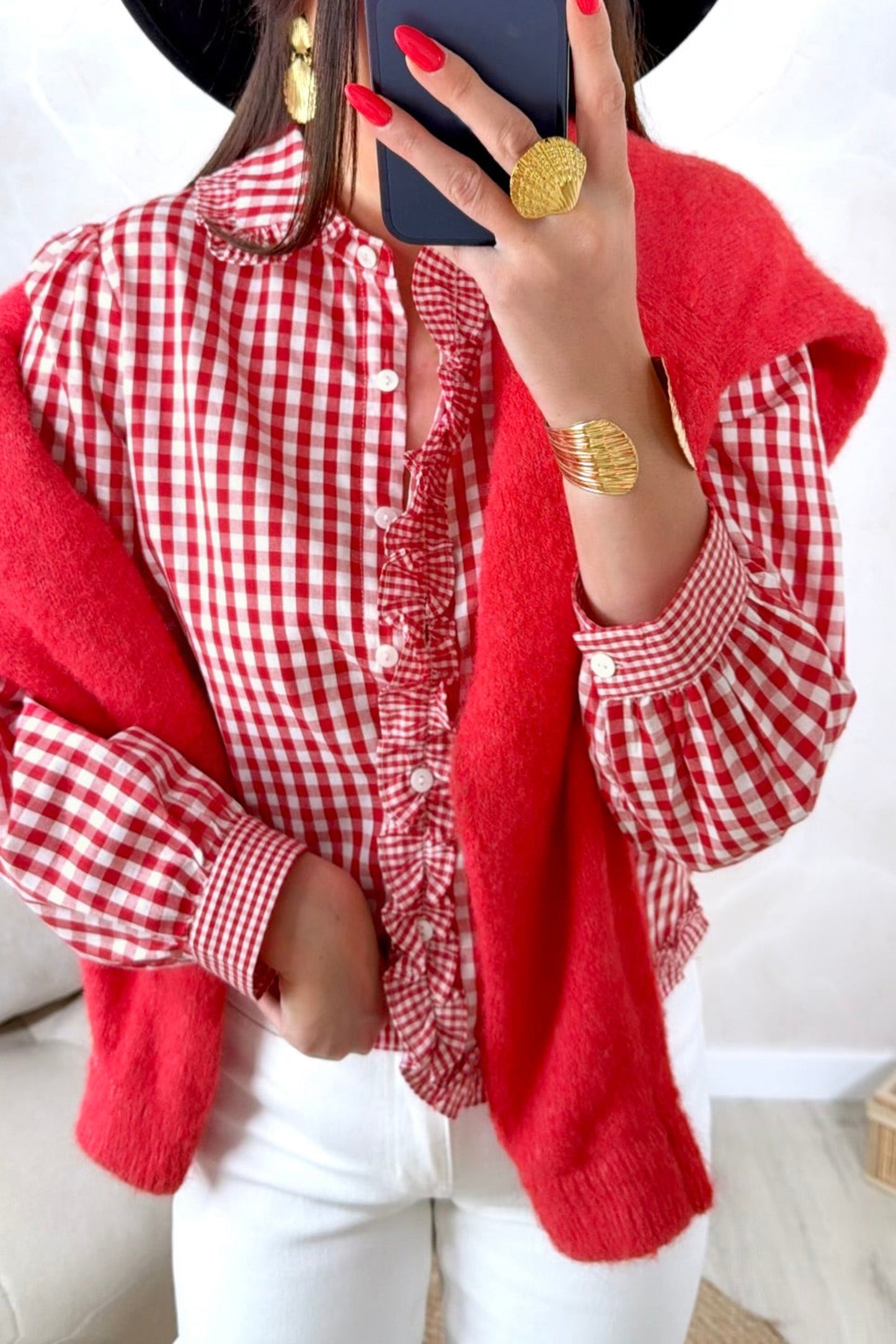Gingham Plaid Ruffle Button Down Shirt Puff Sleeve