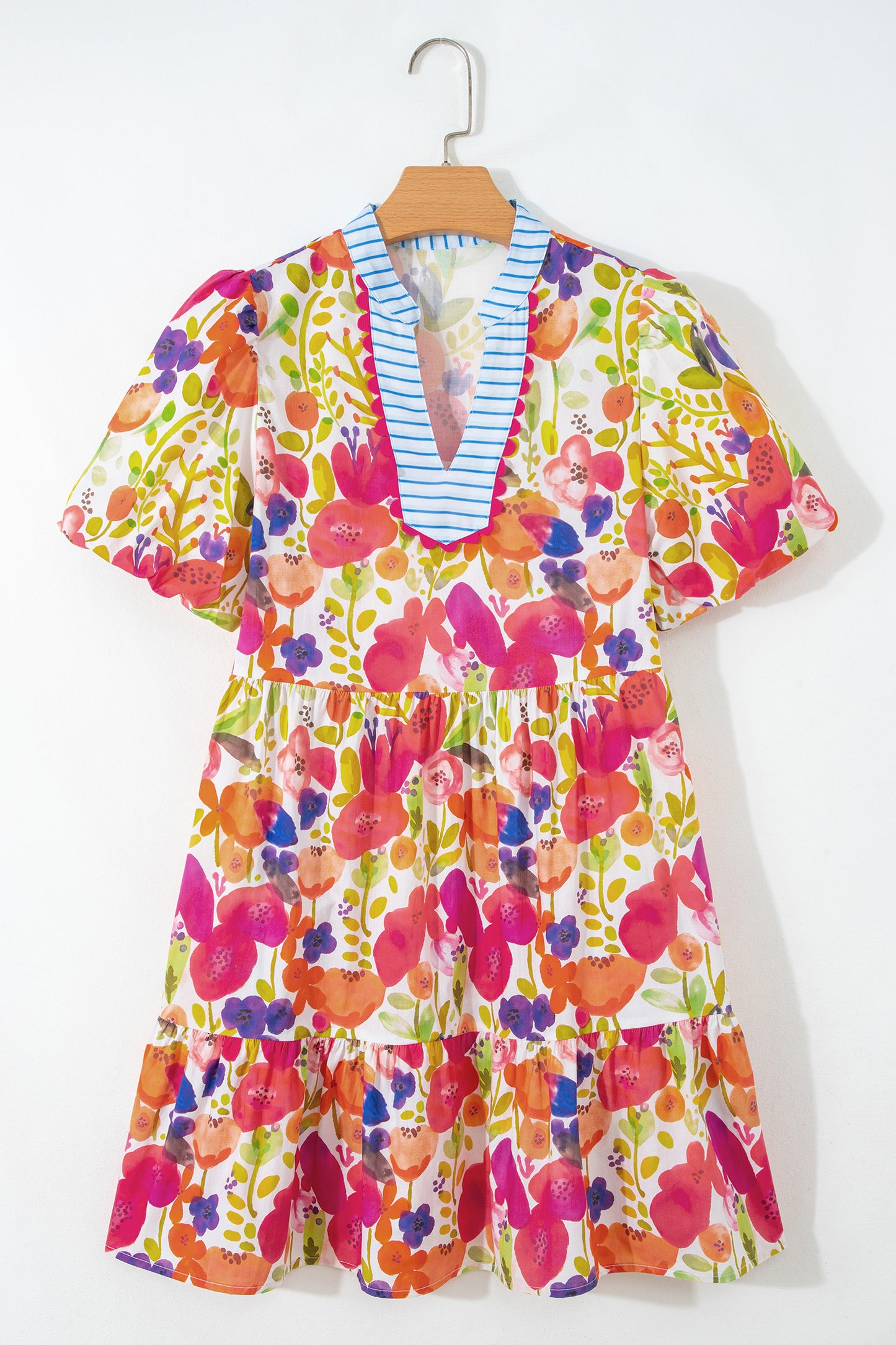 Easter Floral Ricrac Trim V Neck Tiered Mini Dress