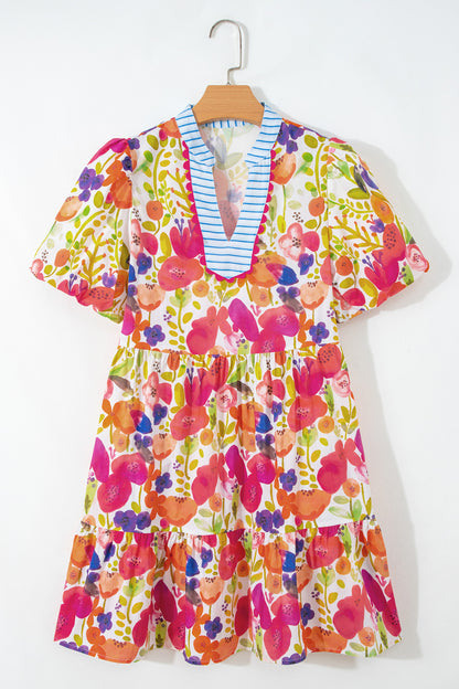 Easter Floral Ricrac Trim V Neck Tiered Mini Dress