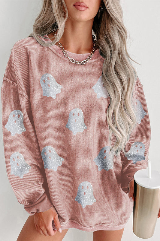Halloween Ghost Graphic Corded Crewneck Sweatshirt
