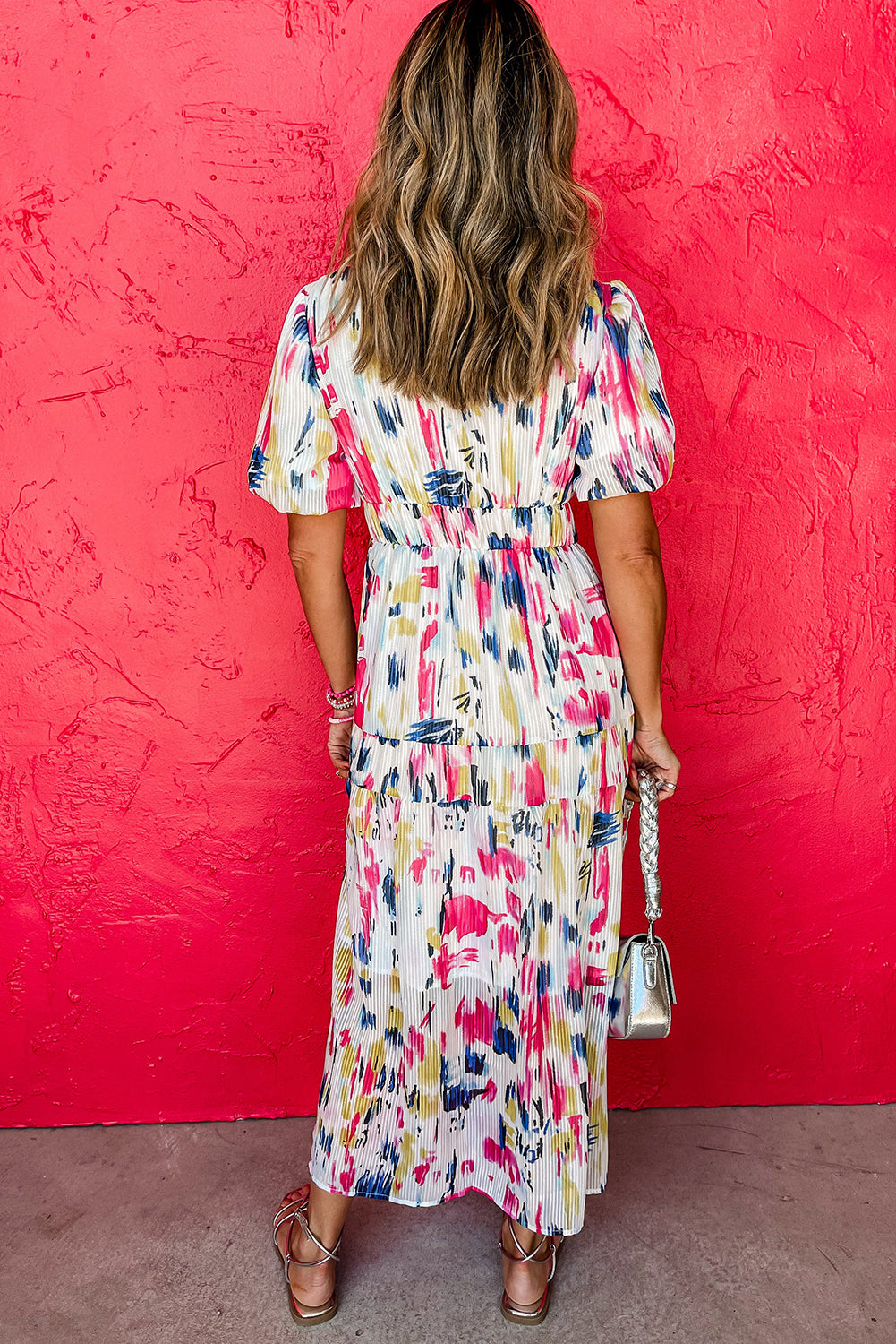 Abstract Print Puff Sleeve V Neck Tiered Maxi Dress