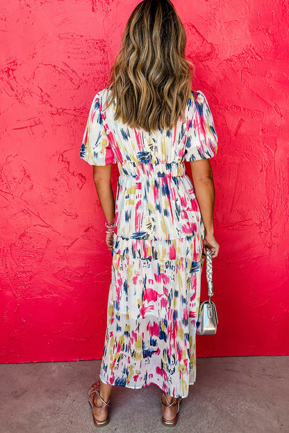 Abstract Print Puff Sleeve V Neck Tiered Maxi Dress