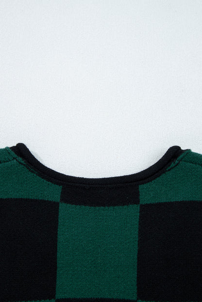 Women's Checkered Knit Sweater with Notched Neck